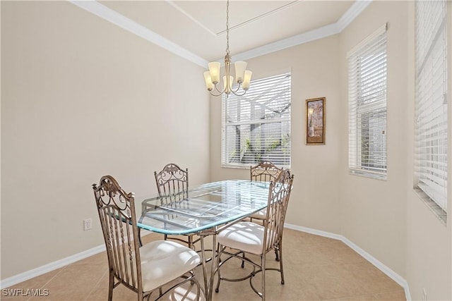 dining area with crown molding, light tile patterned floors, and a chandelier