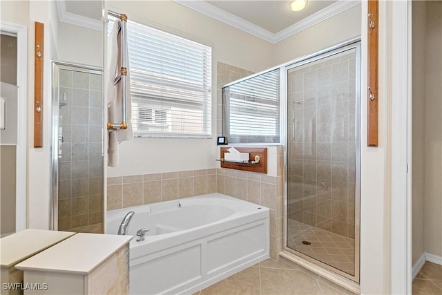 bathroom featuring a wealth of natural light, tile patterned flooring, and plus walk in shower