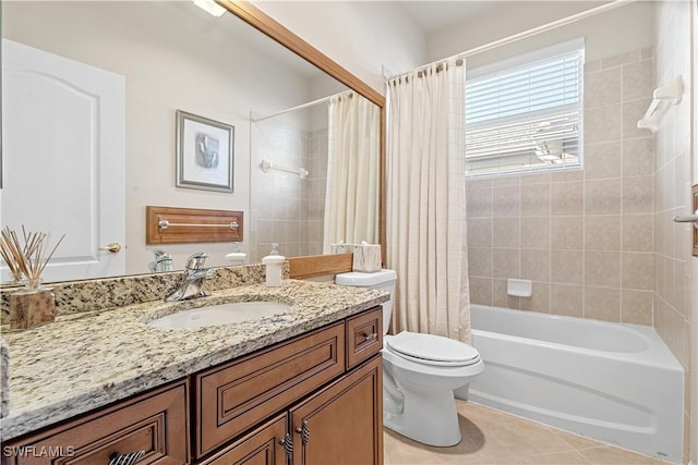 full bathroom with tile patterned floors, vanity, shower / bathtub combination with curtain, and toilet