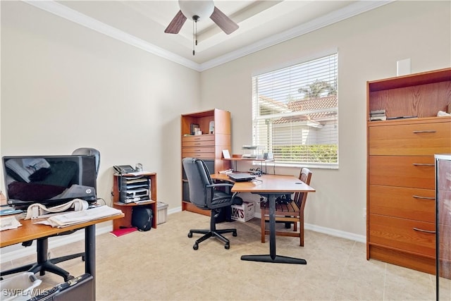 tiled home office featuring crown molding, plenty of natural light, and ceiling fan