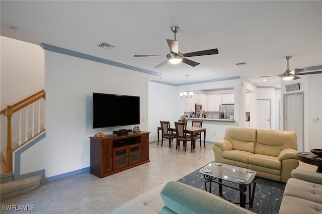 tiled living room featuring crown molding and ceiling fan with notable chandelier