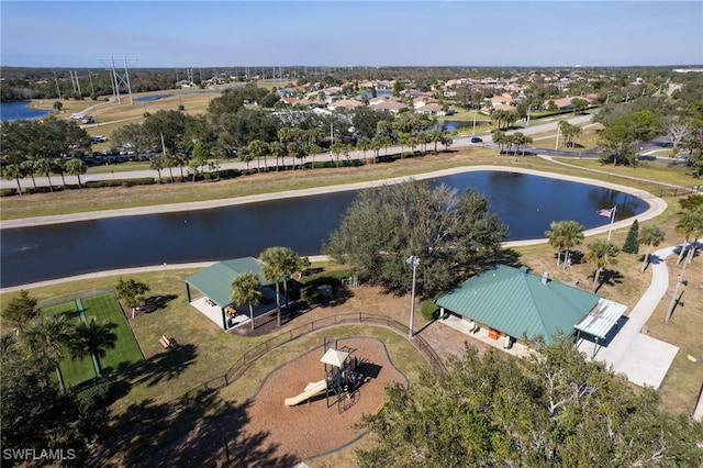 drone / aerial view with a water view