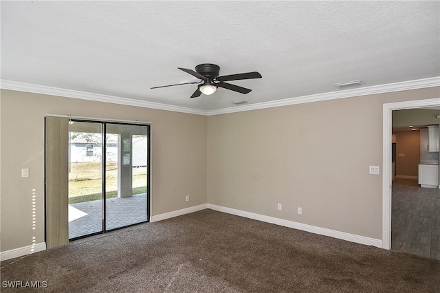 carpeted empty room with crown molding, ceiling fan, and a textured ceiling