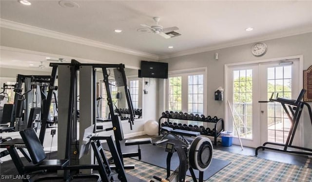 exercise room featuring french doors, ceiling fan, and crown molding