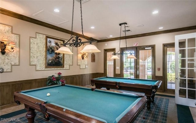 1885 Florida Club Dr Unit 8108, Naples, FL 34112 - game room with a wainscoted wall, billiards, carpet flooring, ornamental molding, and french doors