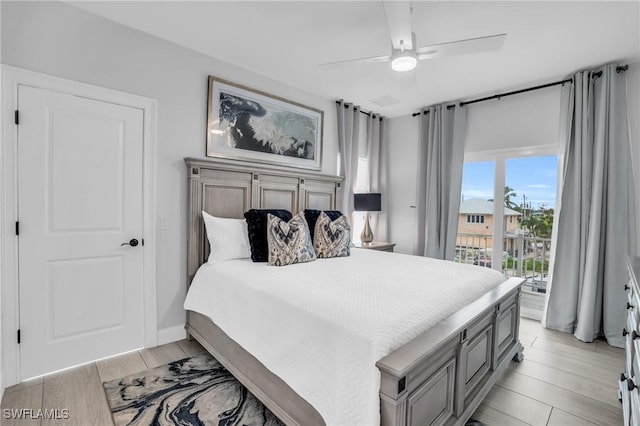 bedroom with light wood finished floors, access to outside, and a ceiling fan