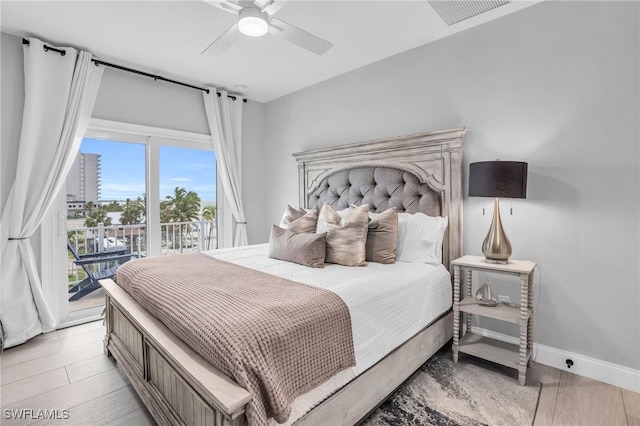 bedroom with a ceiling fan, visible vents, baseboards, access to outside, and light wood finished floors