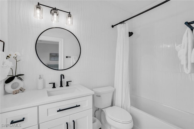 bathroom with tile walls, backsplash, toilet, shower / tub combo, and vanity