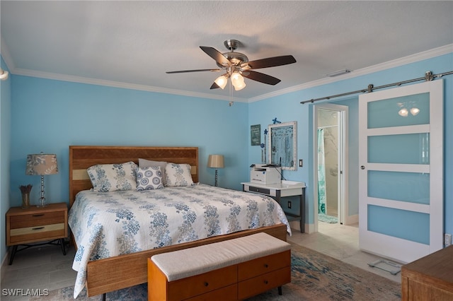 tiled bedroom featuring connected bathroom, ceiling fan, ornamental molding, and a barn door