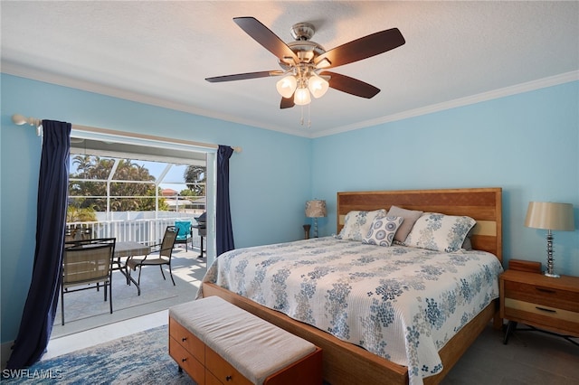 tiled bedroom featuring a textured ceiling, ceiling fan, and crown molding