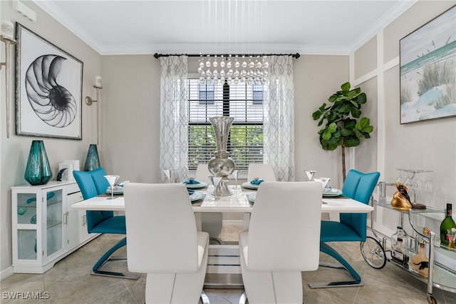 dining space featuring light tile patterned floors and crown molding