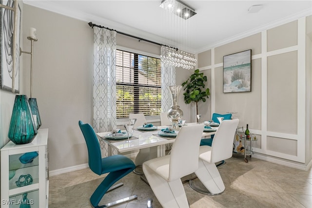 tiled dining space with crown molding and a notable chandelier