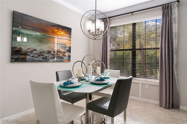 dining room with crown molding and a notable chandelier