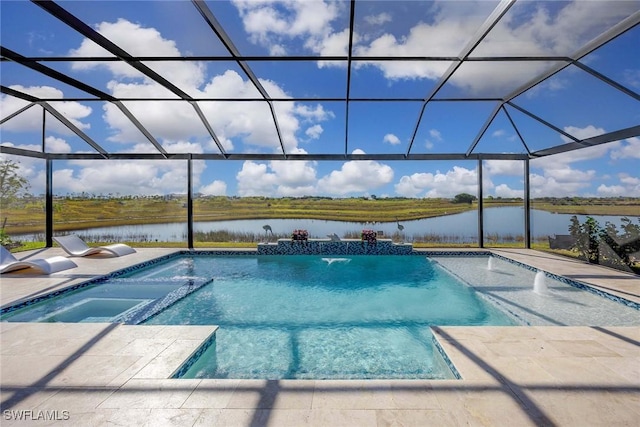 view of swimming pool with a patio, pool water feature, a water view, and glass enclosure