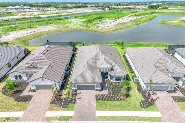 aerial view featuring a water view