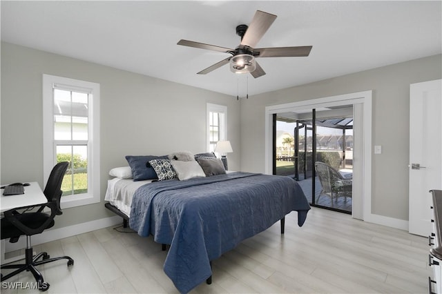 bedroom with ceiling fan, access to exterior, and light wood-type flooring