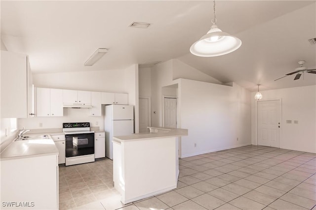 kitchen featuring a center island, white appliances, vaulted ceiling, decorative light fixtures, and white cabinetry