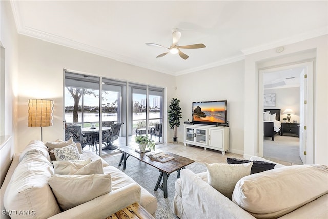 living room with light colored carpet, ceiling fan, and ornamental molding