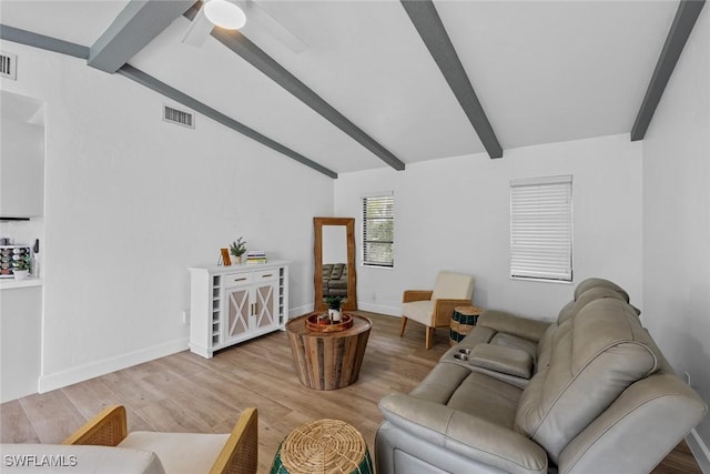 living room with lofted ceiling with beams, wood-type flooring, and ceiling fan