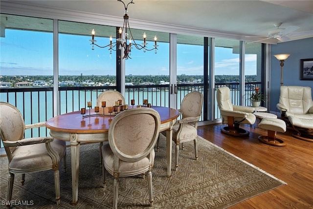 sunroom with a water view and ceiling fan with notable chandelier