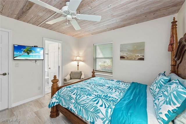 bedroom with connected bathroom, ceiling fan, and wooden ceiling