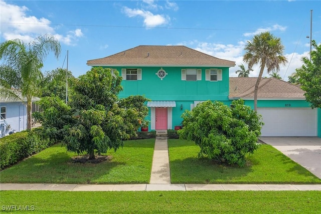 view of front of home featuring a front yard and a garage