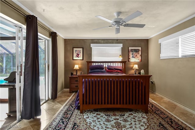 bedroom with access to outside, ceiling fan, and crown molding