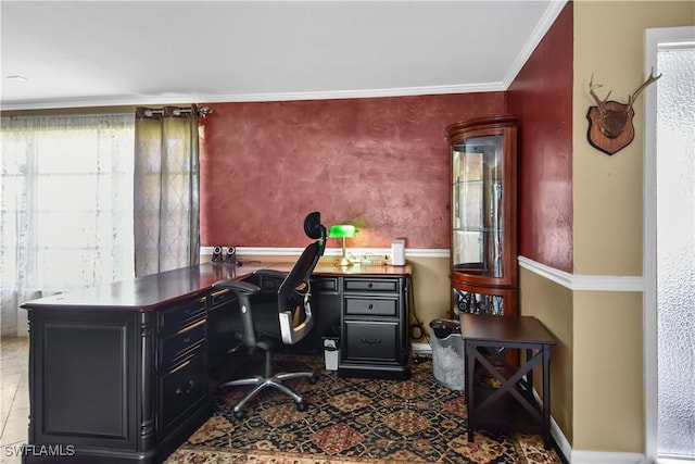 tiled office space with crown molding