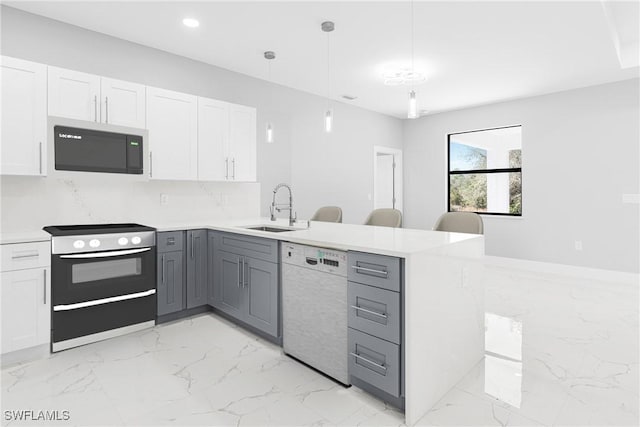 kitchen with electric range, white dishwasher, white cabinetry, and gray cabinetry