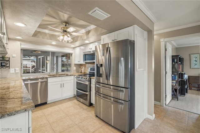 kitchen featuring sink, appliances with stainless steel finishes, a tray ceiling, light stone counters, and white cabinetry