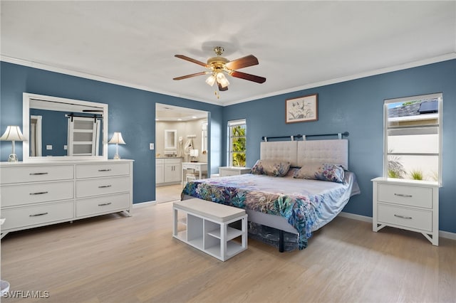 bedroom featuring connected bathroom, ceiling fan, crown molding, and light hardwood / wood-style floors