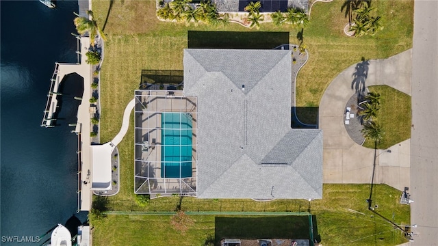 drone / aerial view featuring a water view