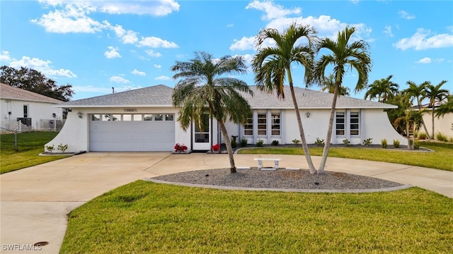 view of front of property with a front yard and a garage