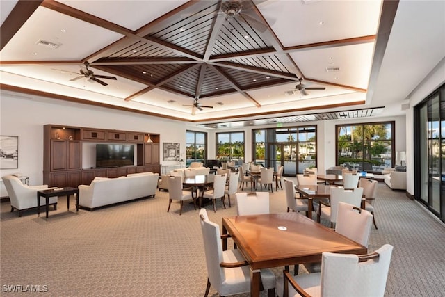 interior space featuring light carpet and coffered ceiling