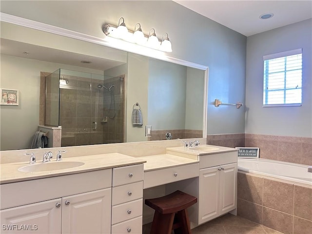 bathroom with tile patterned flooring, vanity, and plus walk in shower