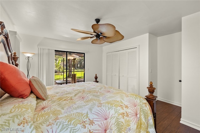 bedroom featuring dark hardwood / wood-style floors, ceiling fan, access to exterior, and a closet