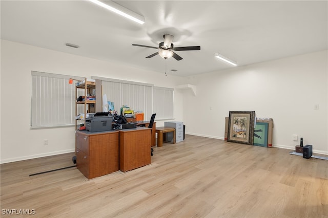 office area featuring ceiling fan and light wood-type flooring