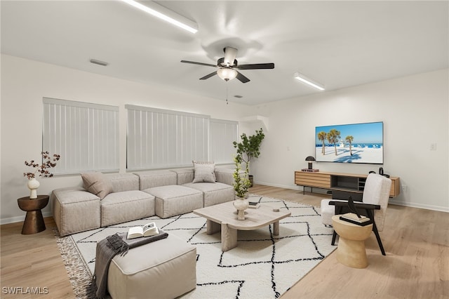 living room featuring ceiling fan and light hardwood / wood-style floors