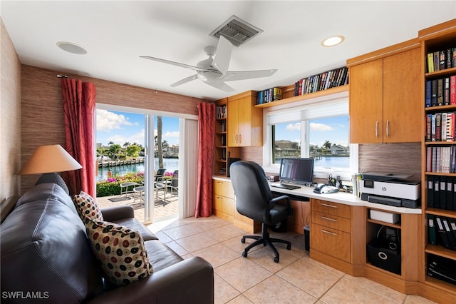 tiled office with ceiling fan