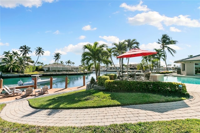 view of pool featuring a boat dock and a water view