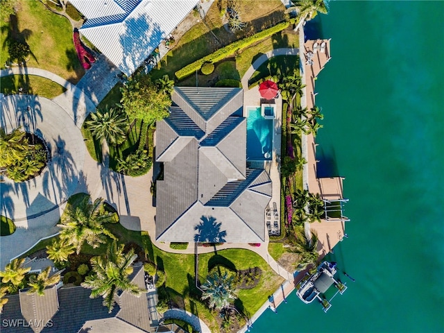 aerial view featuring a water view