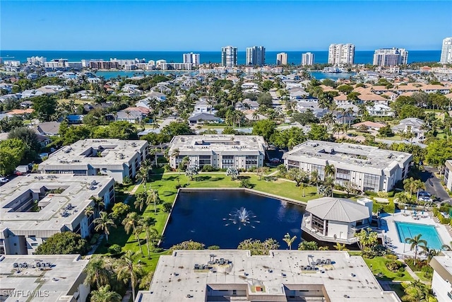 drone / aerial view featuring a water view