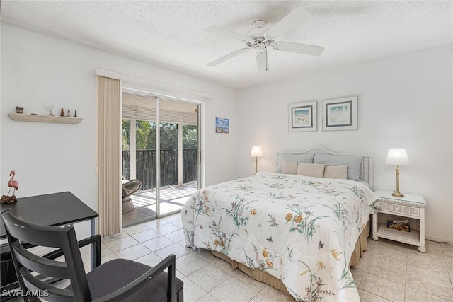 bedroom with ceiling fan, light tile patterned floors, a textured ceiling, and access to outside