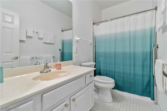 full bathroom featuring tile patterned flooring, vanity, toilet, and shower / tub combo with curtain