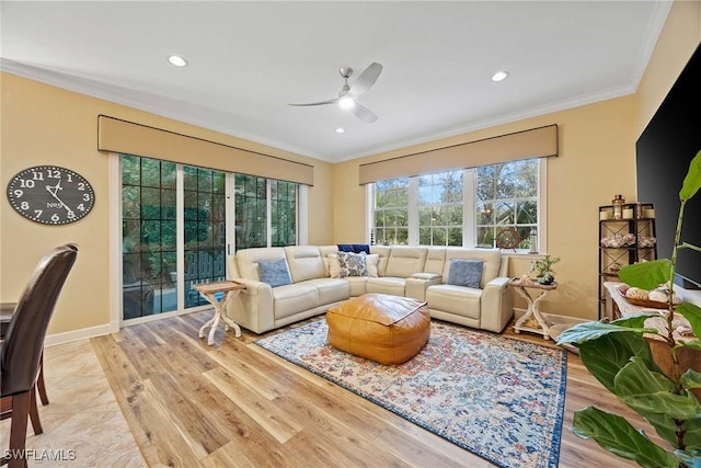 living room featuring light wood-type flooring, crown molding, and ceiling fan