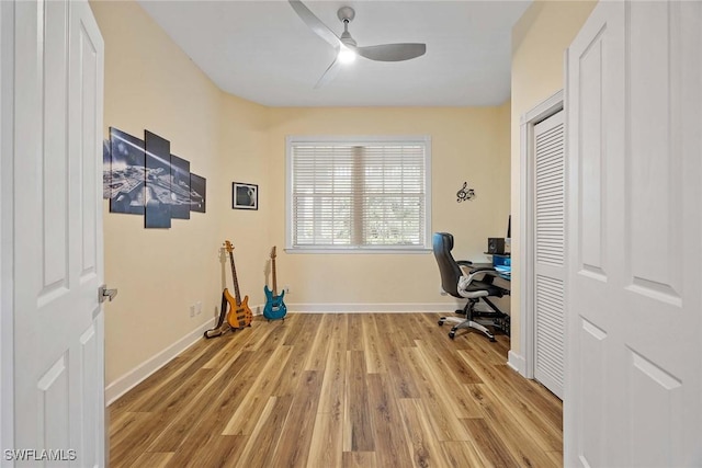 office featuring ceiling fan and light wood-type flooring