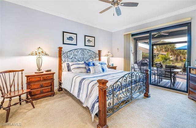 bedroom with carpet flooring, ceiling fan, ornamental molding, and access to outside