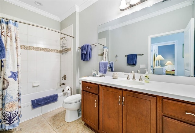 full bathroom with tile patterned flooring, crown molding, shower / bath combination with curtain, toilet, and vanity