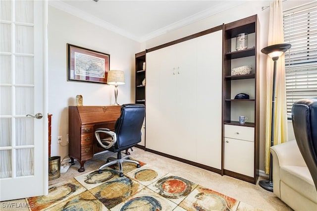 carpeted office featuring crown molding