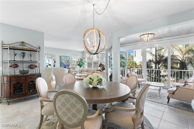 tiled dining space featuring beam ceiling and a chandelier